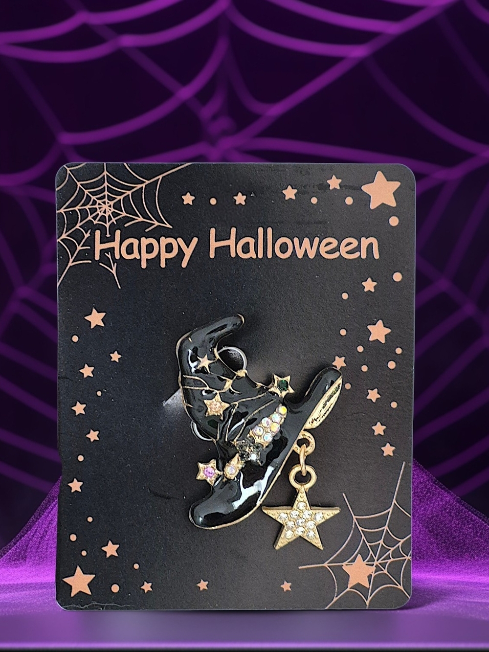 Black Witch's Hat Brooch Pin with Star Charm & Multicolored Crystals